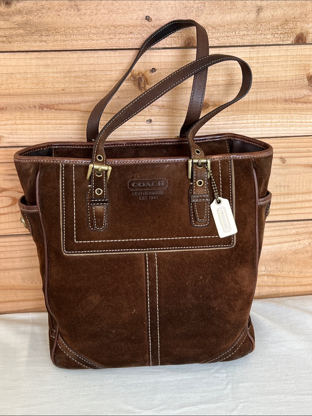 Coach Brown Suede Tote with Leather Trim and Brass Hardware